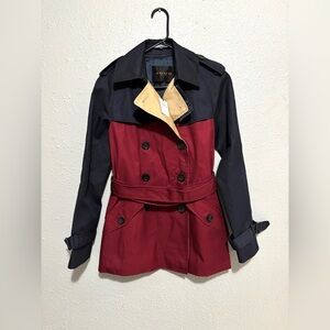 Coach Women's Colorblock Short Trench Coat Belted Black Cherry / Navy XS $450